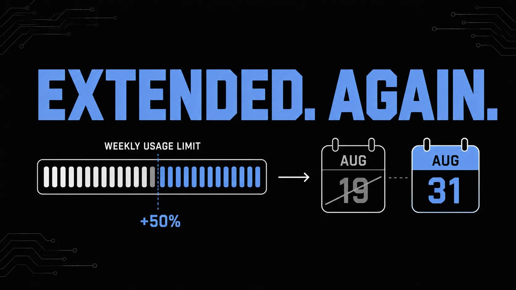 Weekly usage limit gauge showing the boost extended from August 19 to August 31