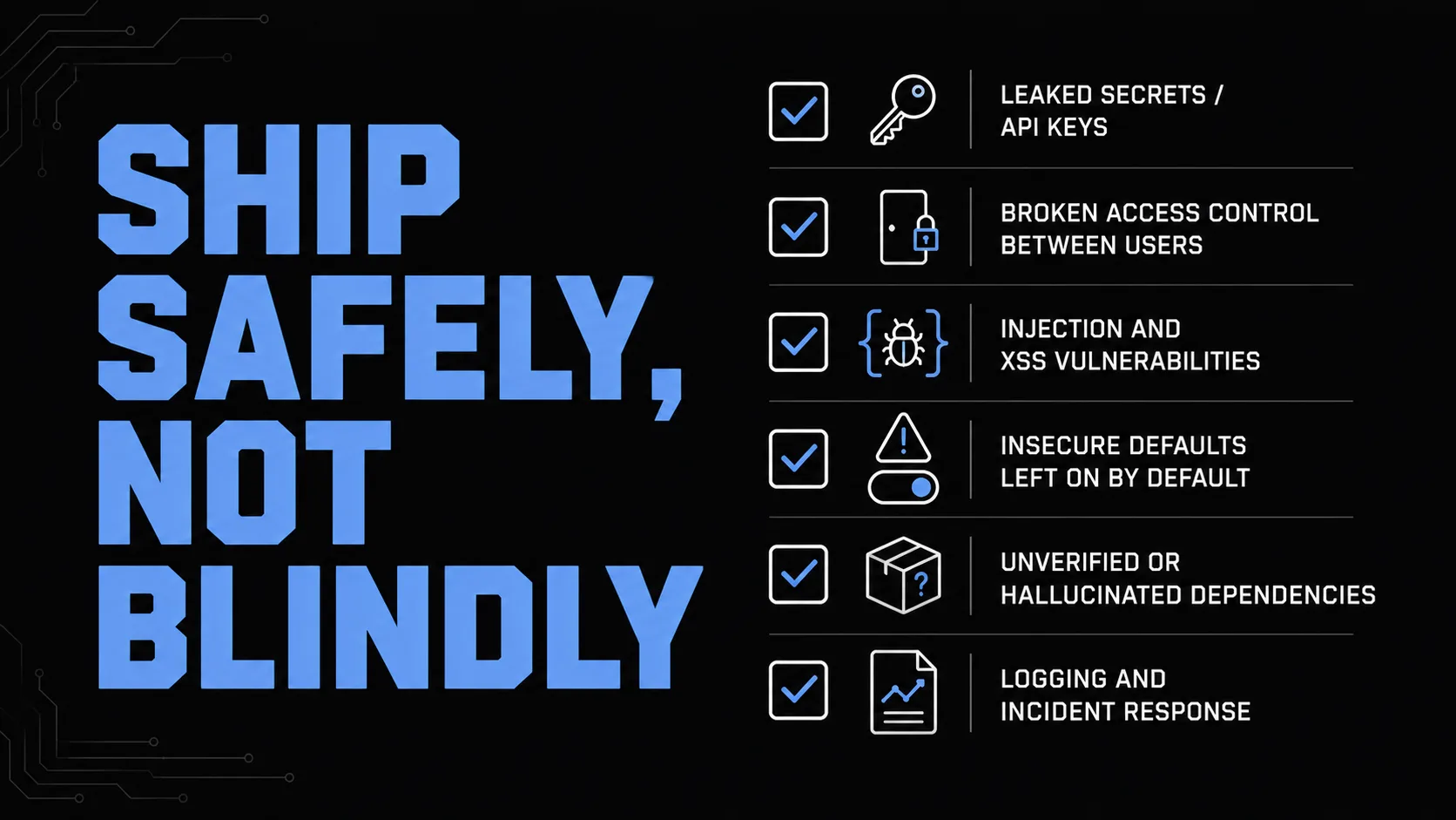 Checklist graphic of six vibe-coding security categories for indie hackers